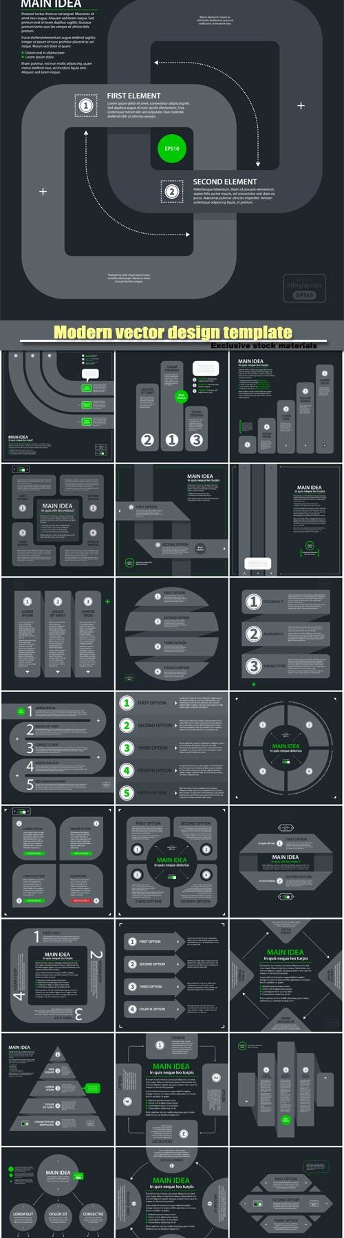Modern vector design template with four arrows and options in flat style on dark gray background