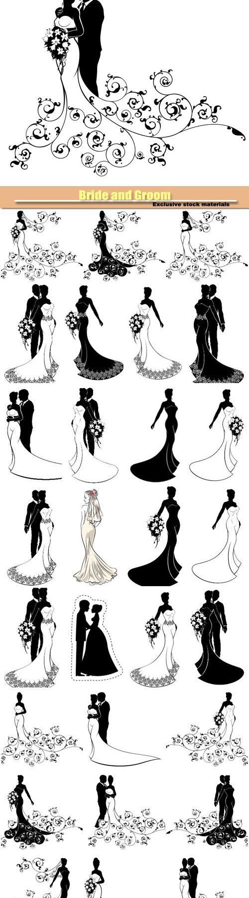 Bride and Groom, wedding silhouette vector set