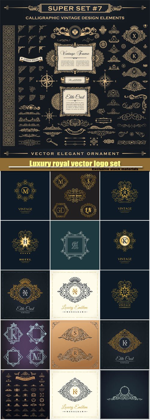 Luxury royal vector logo set, emblem, heraldic monogram, calligraphic floral sign, gold letters in frames