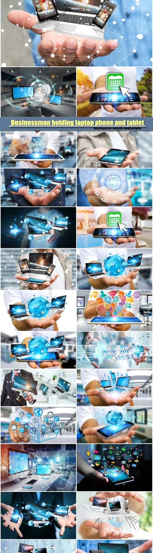 Businessman holding laptop phone and tablet in his hand 3D rendering