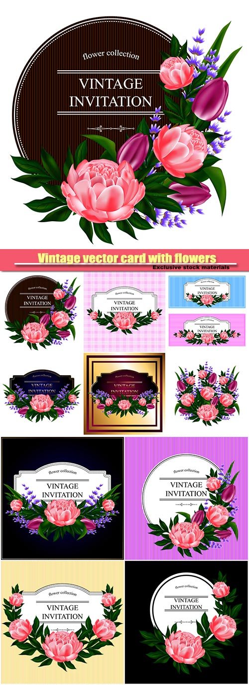 Vintage vector card with flowers, bouquet of roses, peonies, lavender
