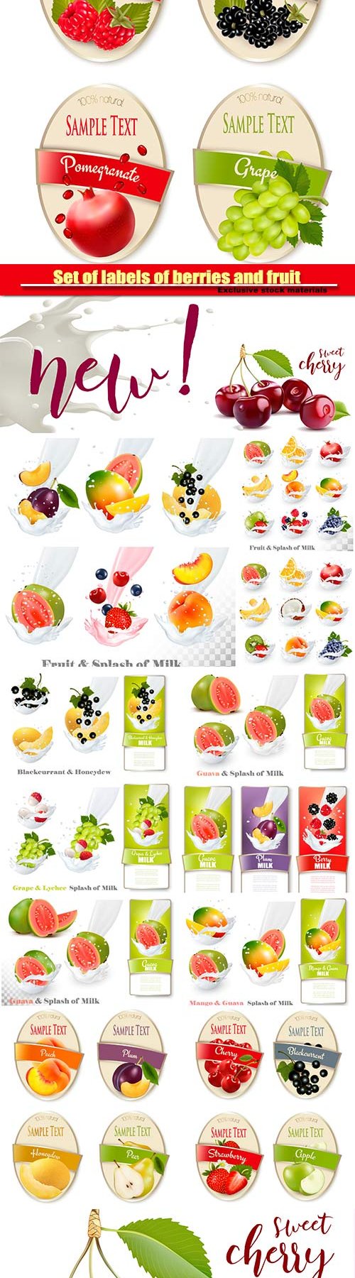 Set of labels of berries and fruit, fruit in a milk splash