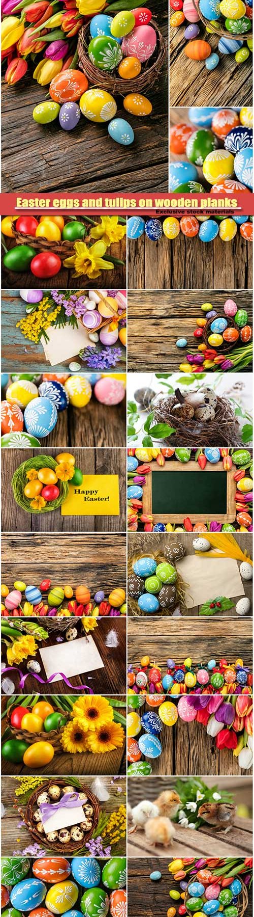 Easter eggs and tulips on wooden background #4