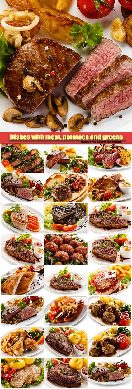 Dishes with meat, potatoes and greens