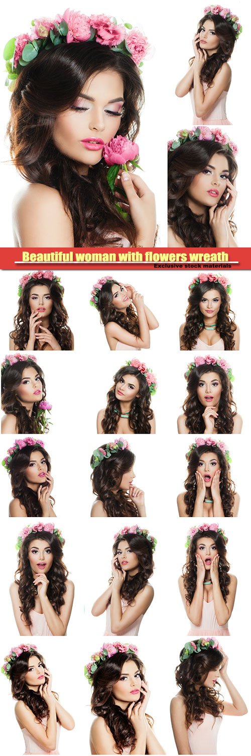 Beautiful woman with curly and flowers wreath