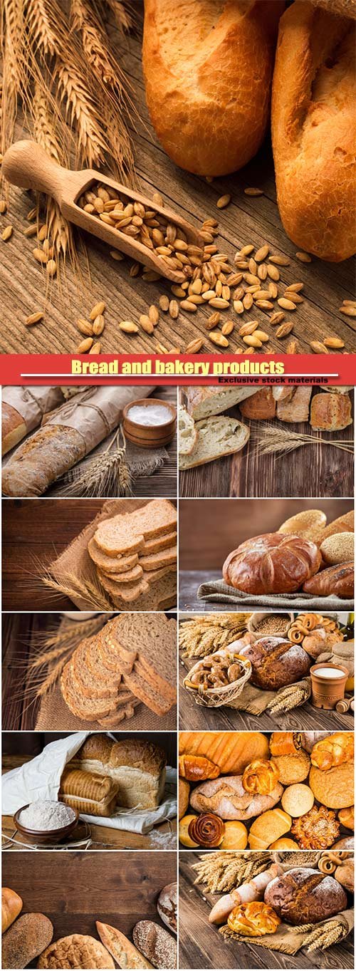 Bread and bakery products on a wooden background