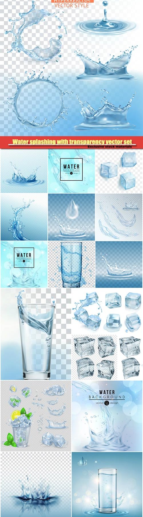 Water splashing with transparency vector set, glass with water, green mint leaves and ice cubes 