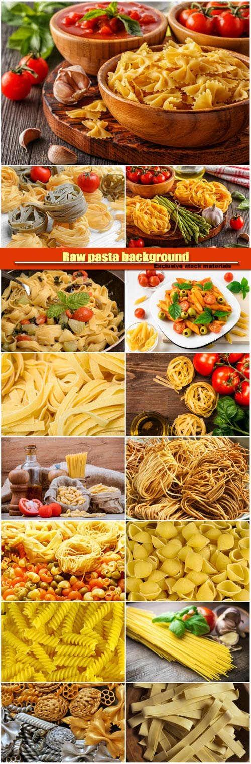 Raw pasta background, tomatoes, garlic, olive oil, tomato sauce