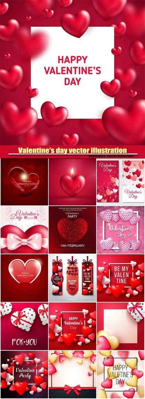 Valentine's day vector illustration, glossy red hearts with square frame