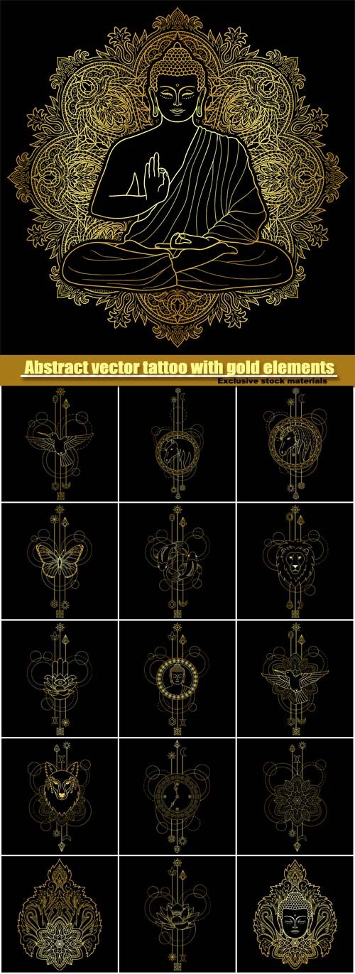 Abstract vector tattoo with gold elements on black background