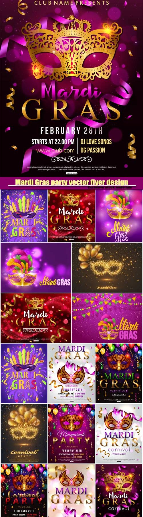 Mardi Gras party vector flyer design with carnival mask