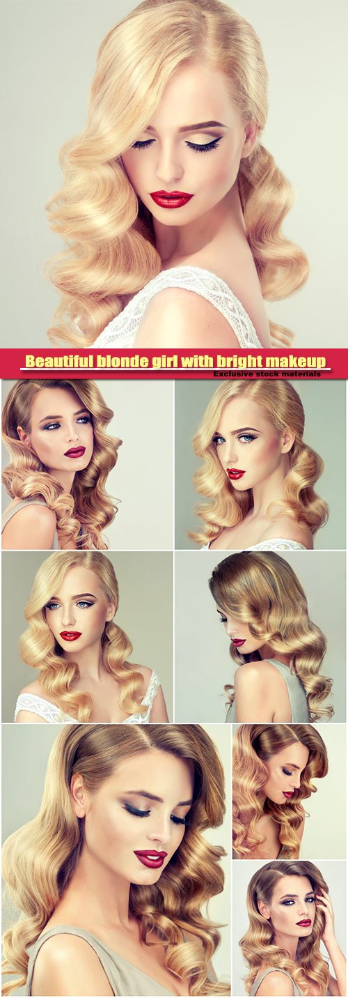 Beautiful blonde girl with bright makeup, with red lips, curly hair, styling hairstyle