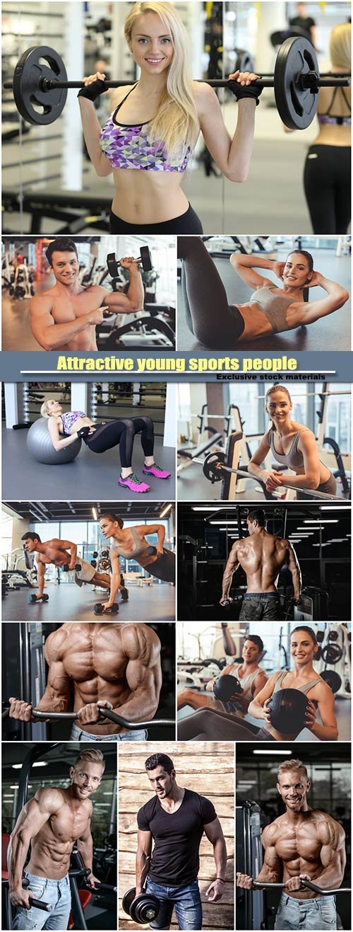 Attractive young sports people are working out with dumbbells in gym