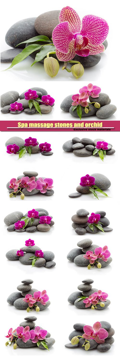 Spa massage stones and orchid isolated on the white background