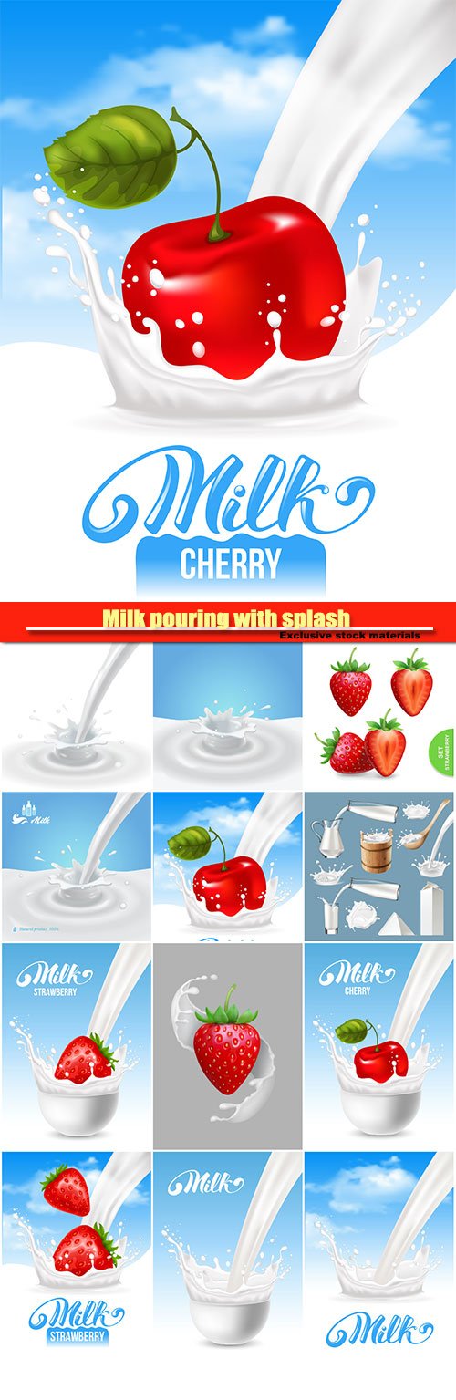 Milk pouring with splash like crown and strawberry