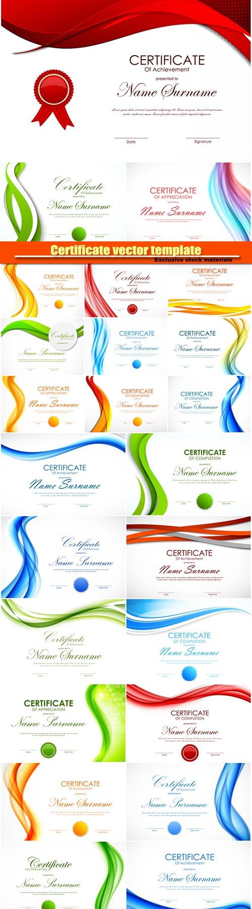 Certificate vector template with light dynamic color wavy curved background and seal