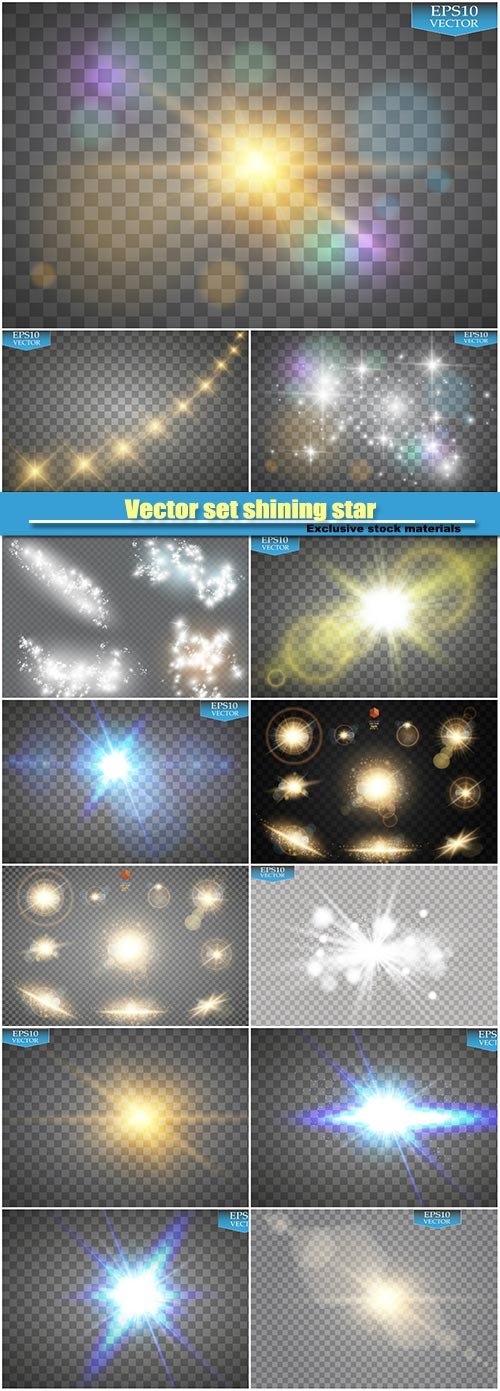Vector set shining star, particles and sparks