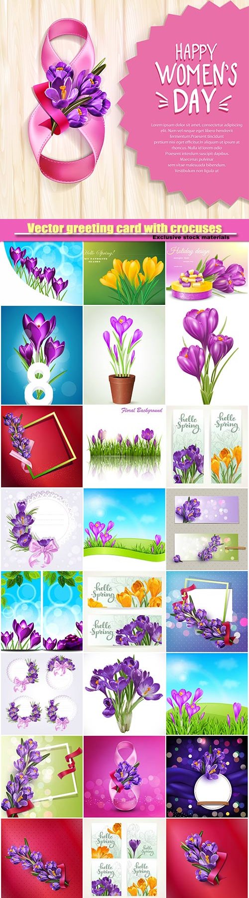 Vector greeting card with crocuses, frame with spring flowers
