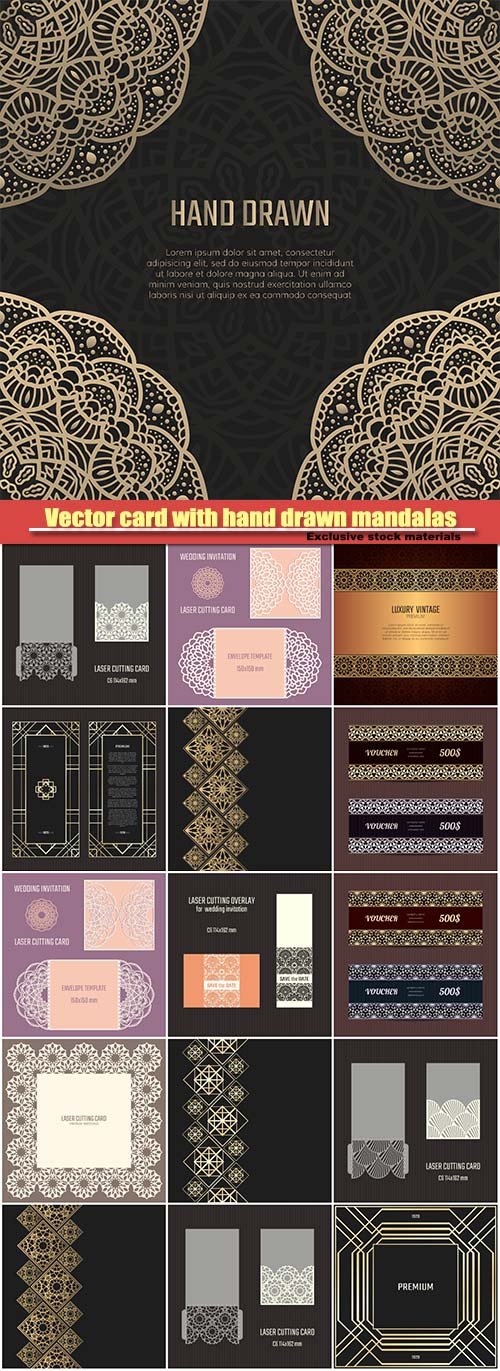 Vector card with hand drawn mandalas, invitation template