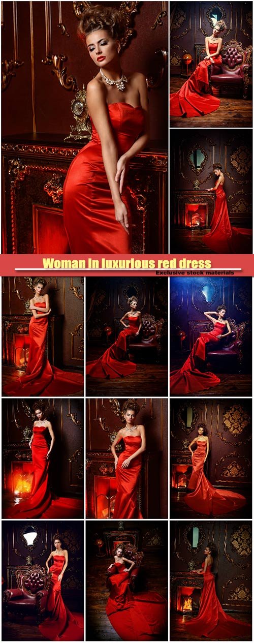 Woman in luxurious red dress and precious jewelry