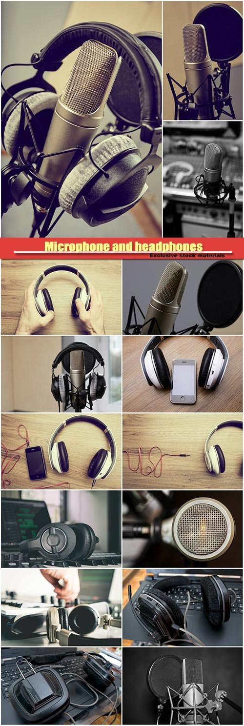 Microphone and headphones in the recording studio