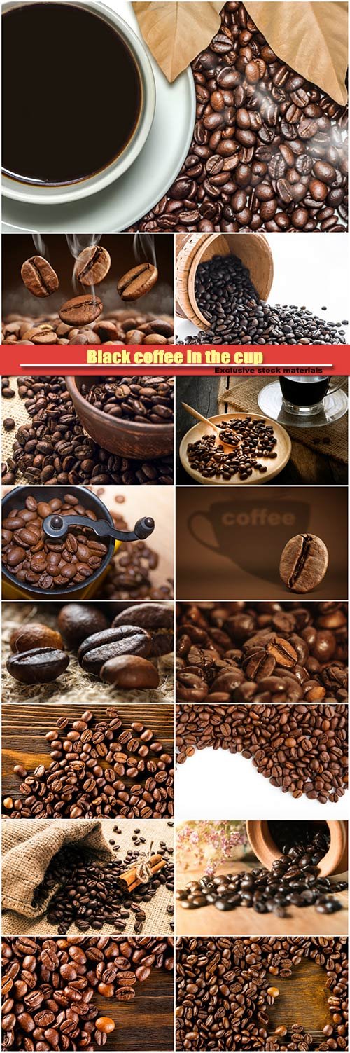Black coffee in the cup and blur roasted coffee beans background
