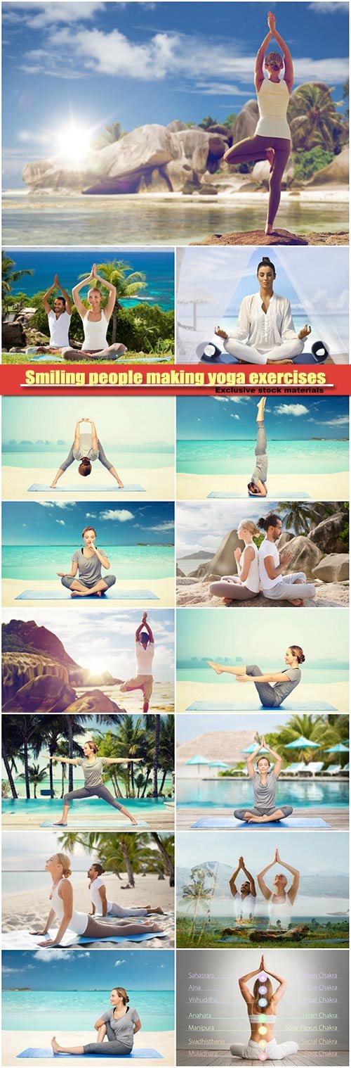 Smiling people making yoga exercises