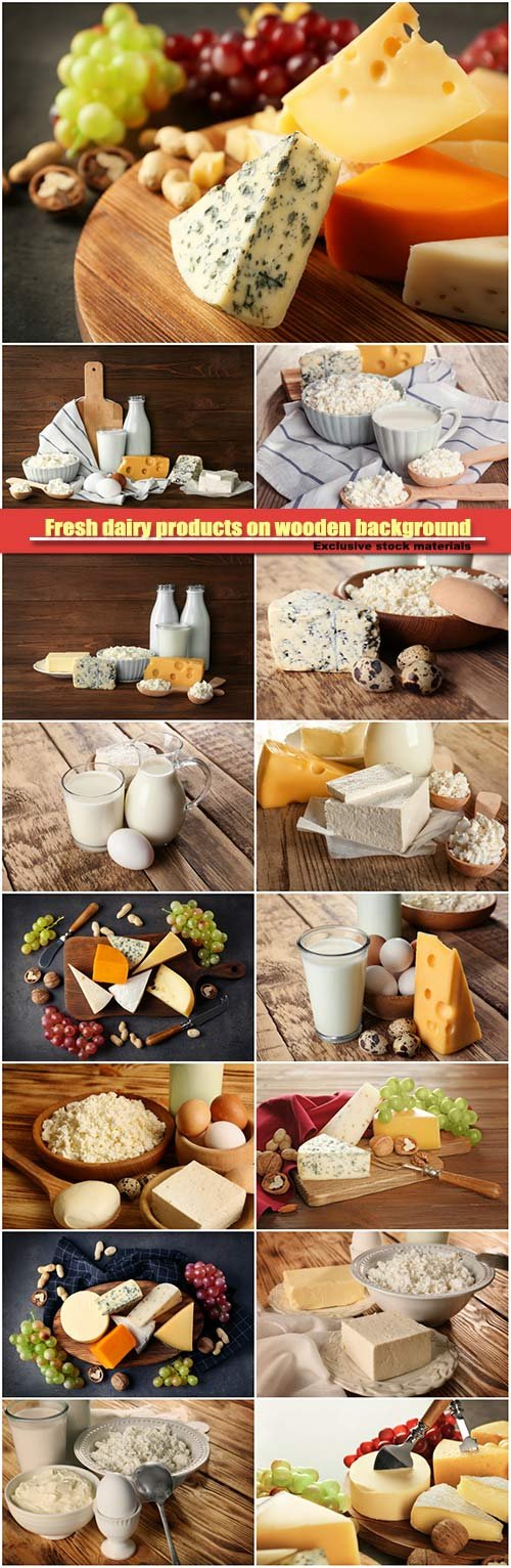 Fresh dairy products on wooden background, cheese and nuts