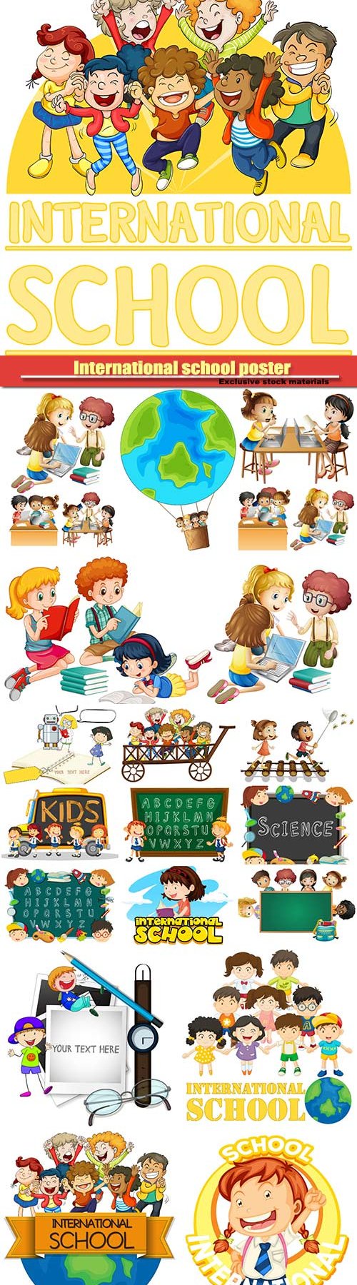 Frame template with boy and girl, international school poster with many children