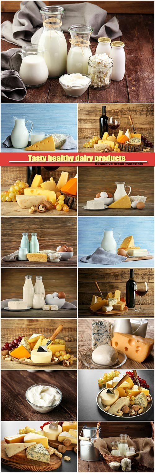 Tasty healthy dairy products , cheese and milk on wooden background