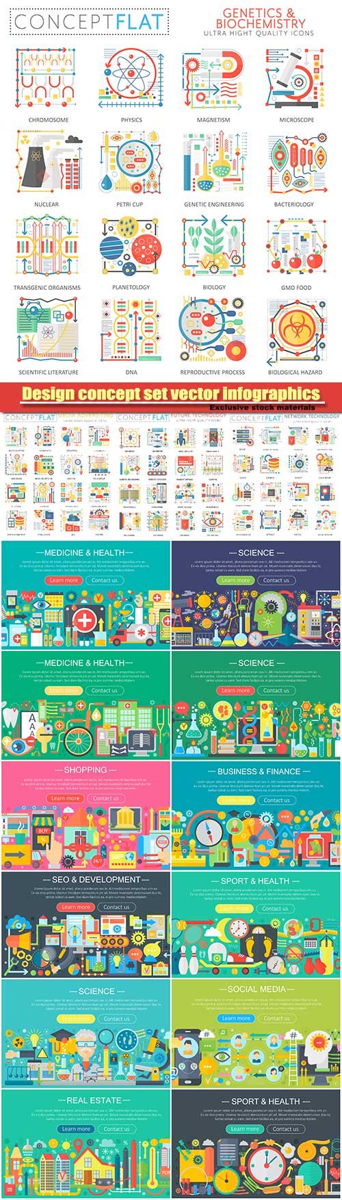 Medicine and health design concept set vector infographics, food and sport icons