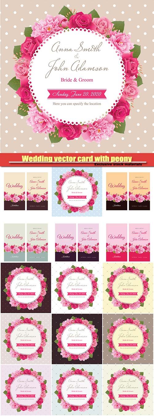 Wedding vector card with peony and pink roses