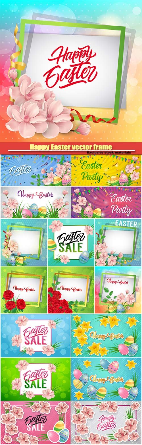 Happy Easter vector frame with pink flowers and ornate eggs
