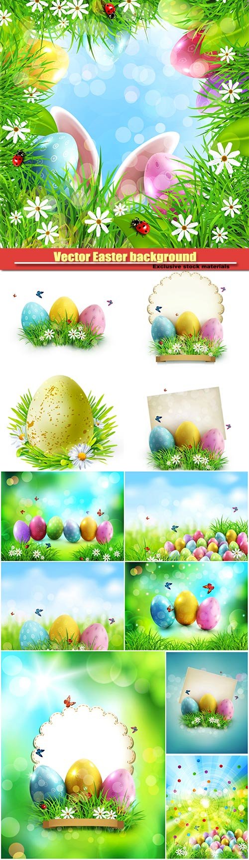 Vector Easter background, easter eggs in green grass with white flowers, butterflies on blue, blurred , natural background