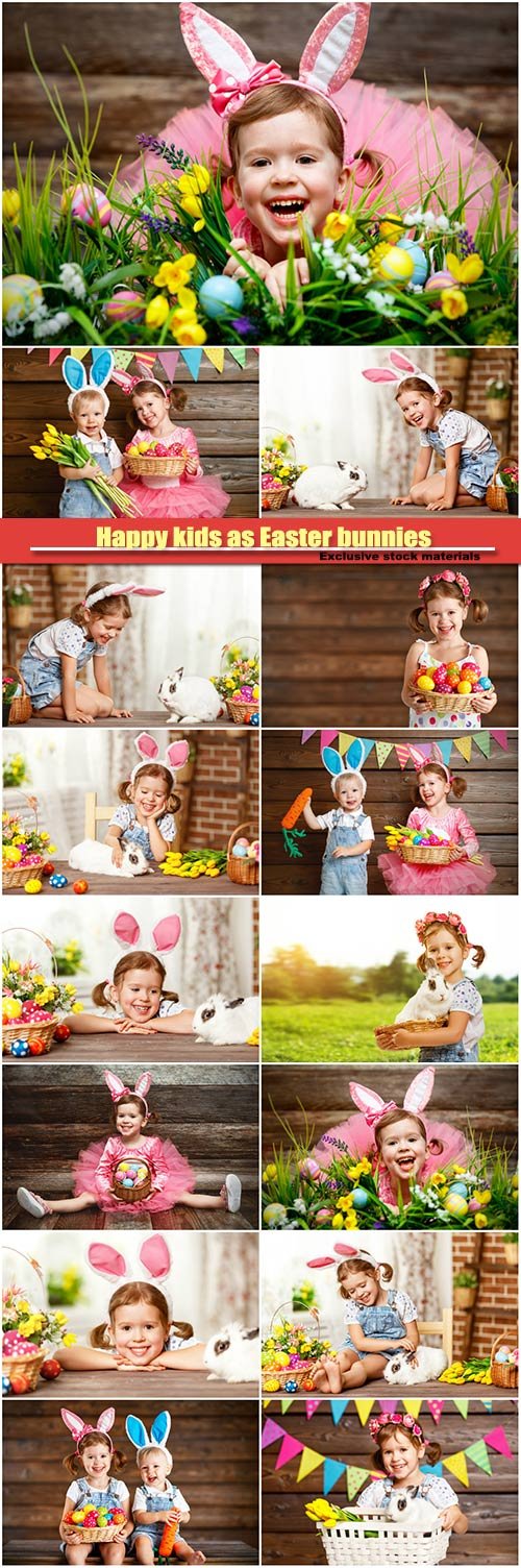 Happy kids boy and girl dressed as Easter bunnies with basket of eggs