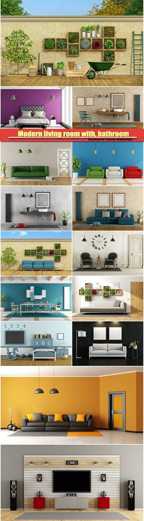 Modern living room with, bathroom, 3d rendering