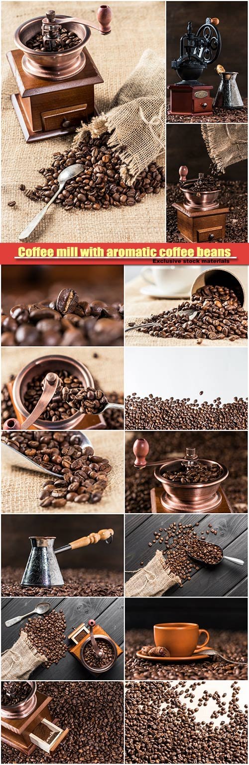 offee mill with aromatic coffee beans on brown background