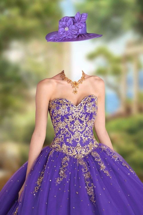 Женский шаблон для фотошопа – Бальное платье с золотым украшением