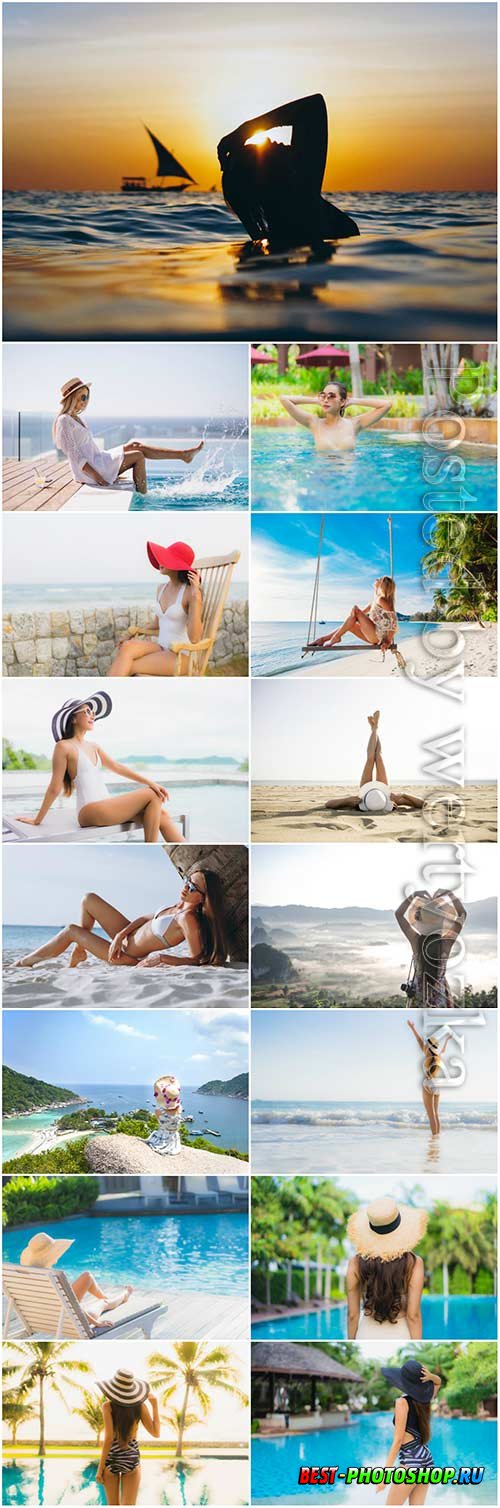 Girls on vacation by the sea stock photo set