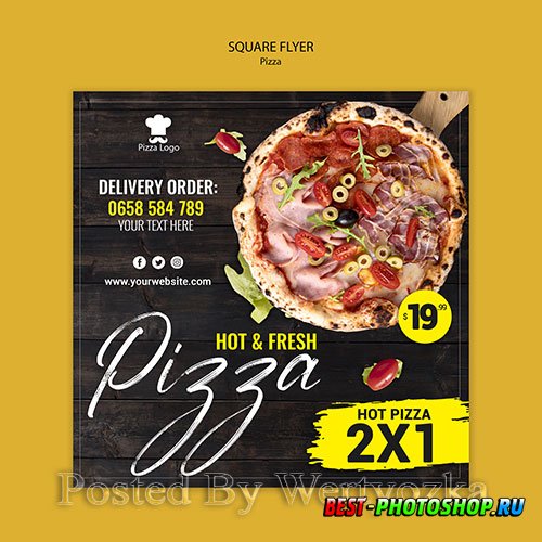 Pizza restaurant square flyer template with photo