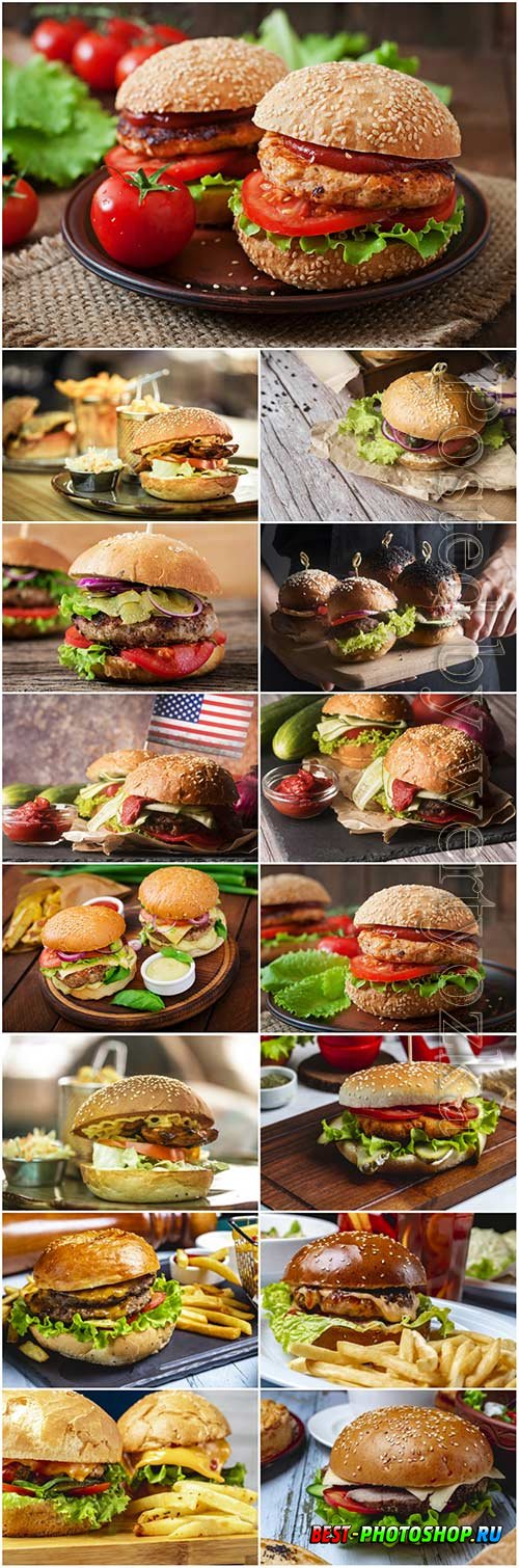 Big meat burger wooden board stock photo set
