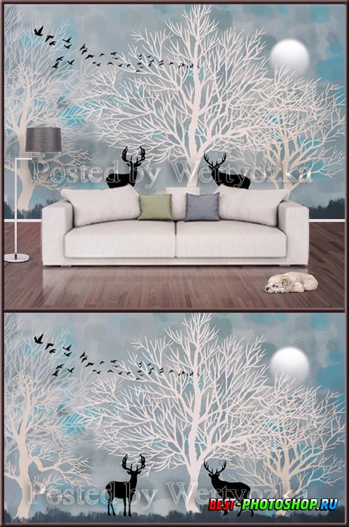 3D psd background wall hand drawn forest moose
