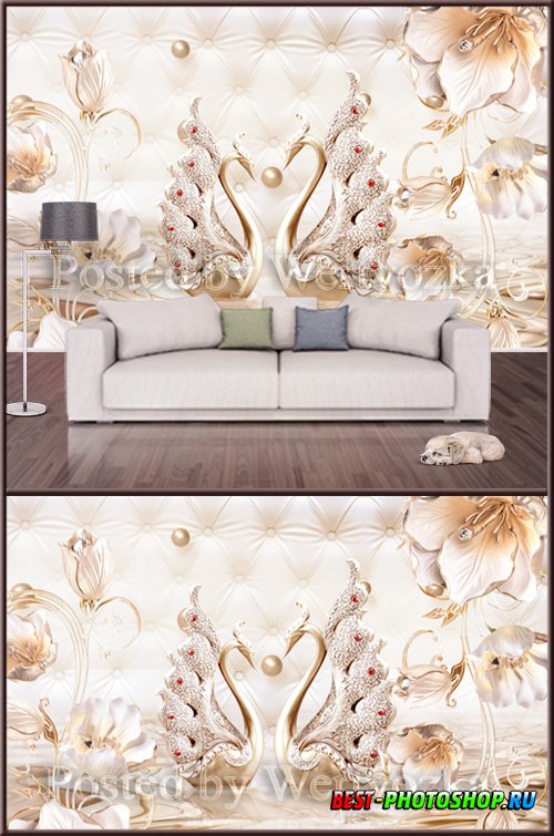 3D psd background wall swans and luxurious flowers