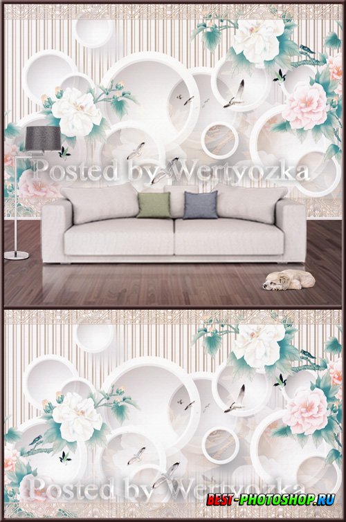 3D psd background wall circles and peonies