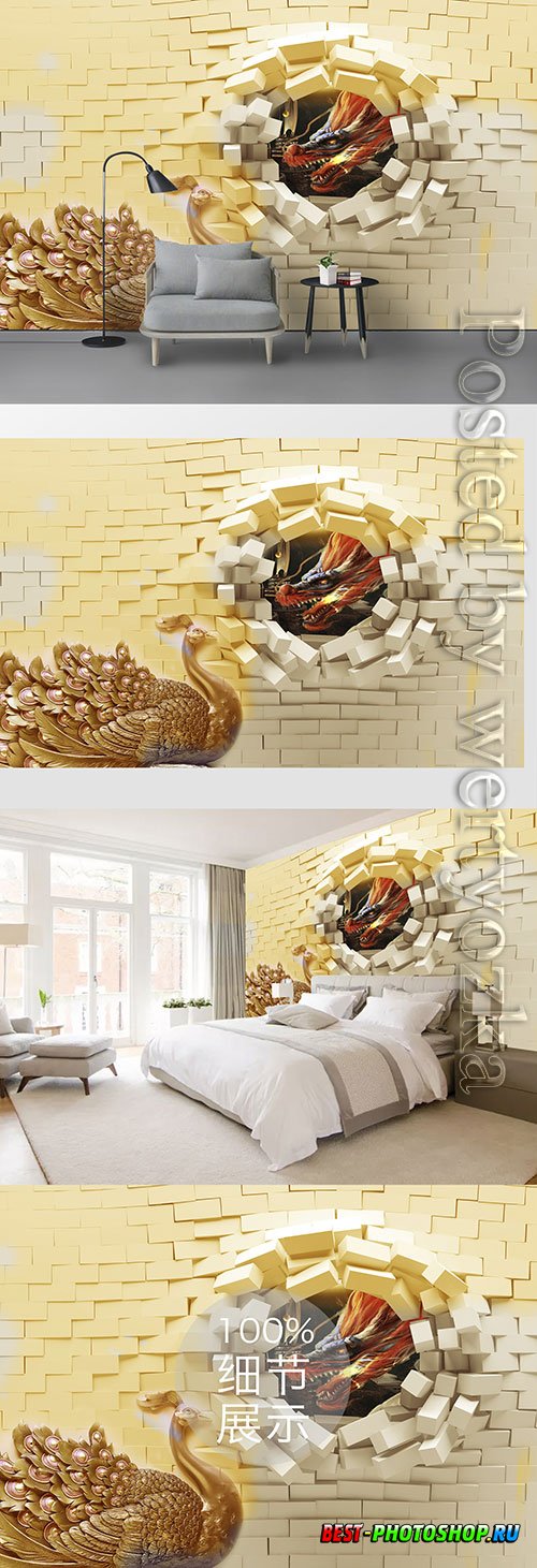 3D models template golden peacock and brick wall