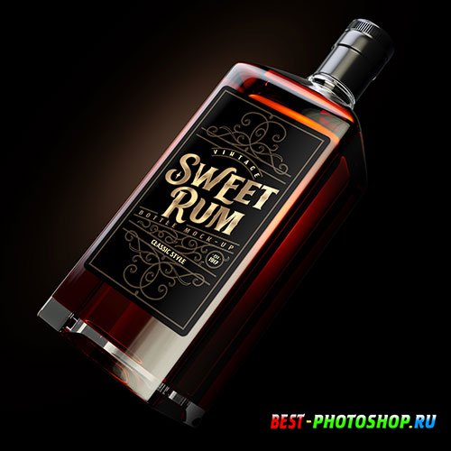Square dark rum bottle mockup with label