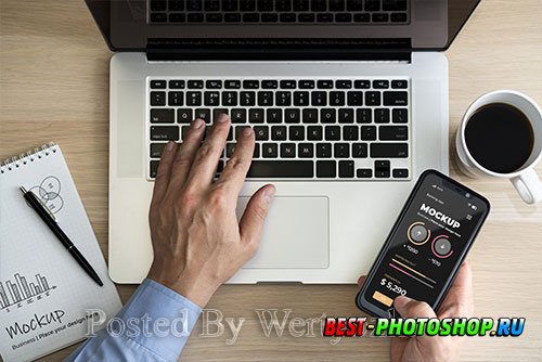 Top view man using laptop and phone mock-up