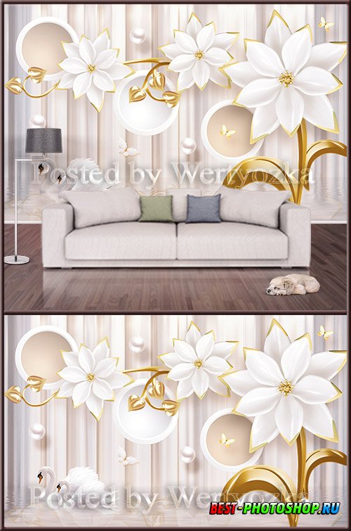 3D psd background wall swans white flowers