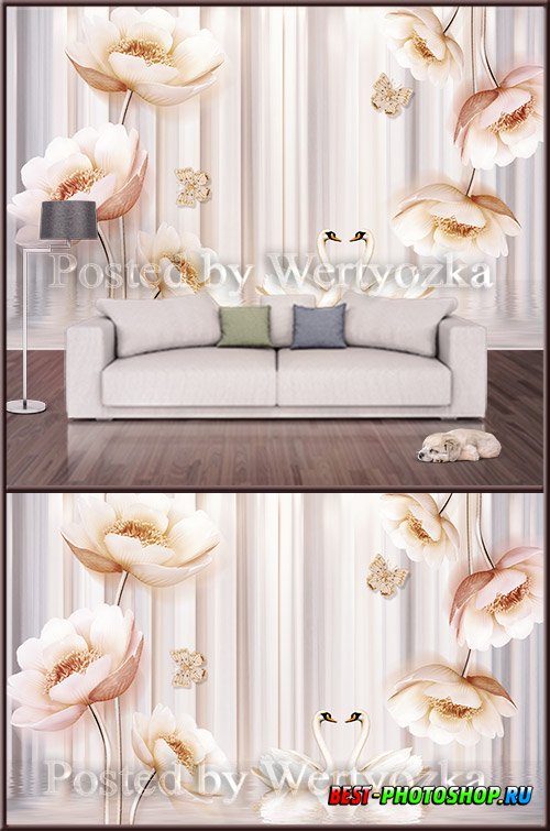 3D psd background wall flowers swans buttons