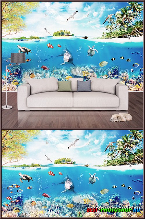 3D_psd_background_wall_dolphins_fish_ocean